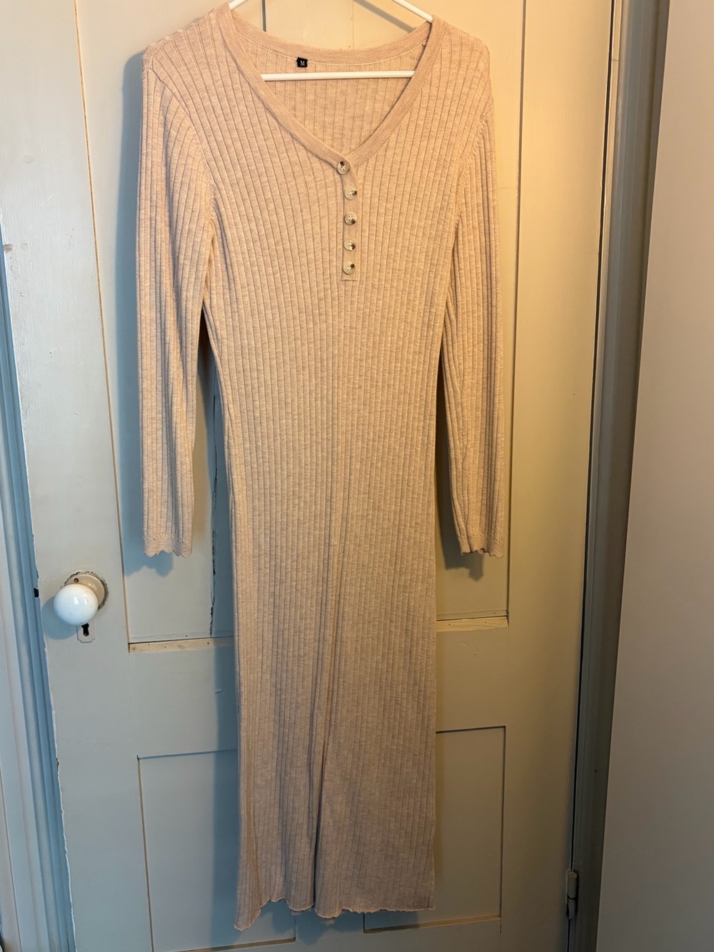 Long Sleeve Ribbed V-Neck Knit Midi Dress in Beige